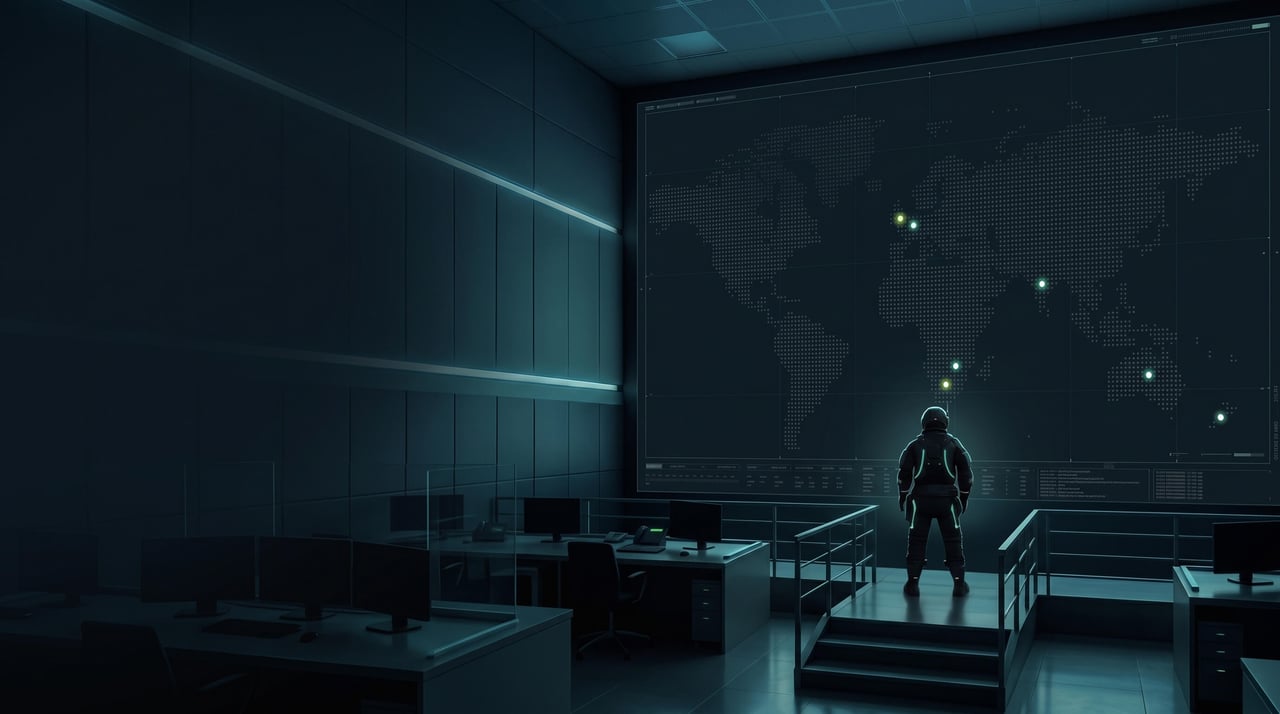 Astronaut looking out at a world map