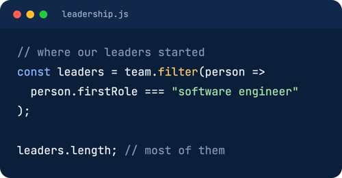 Code snippet showing most Entelect leaders started as software engineers